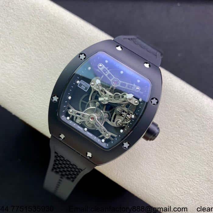 Richard Mille RM 027 replica featuring a titanium case with hydrogen-free graphite film coating and a honeycomb design rubber strap.