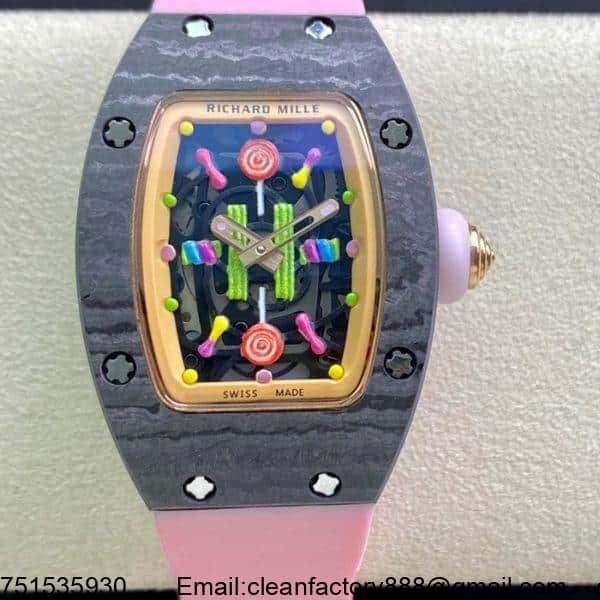 Richard Mille RM 07 Candy Watch with carbon fiber case and enamel dial in candy colors, designed for women.