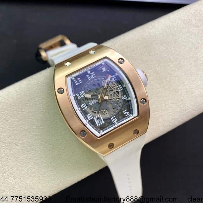 Richard Mille RM010 wristwatch with a hollow design, 316L stainless steel case, and rubber strap.