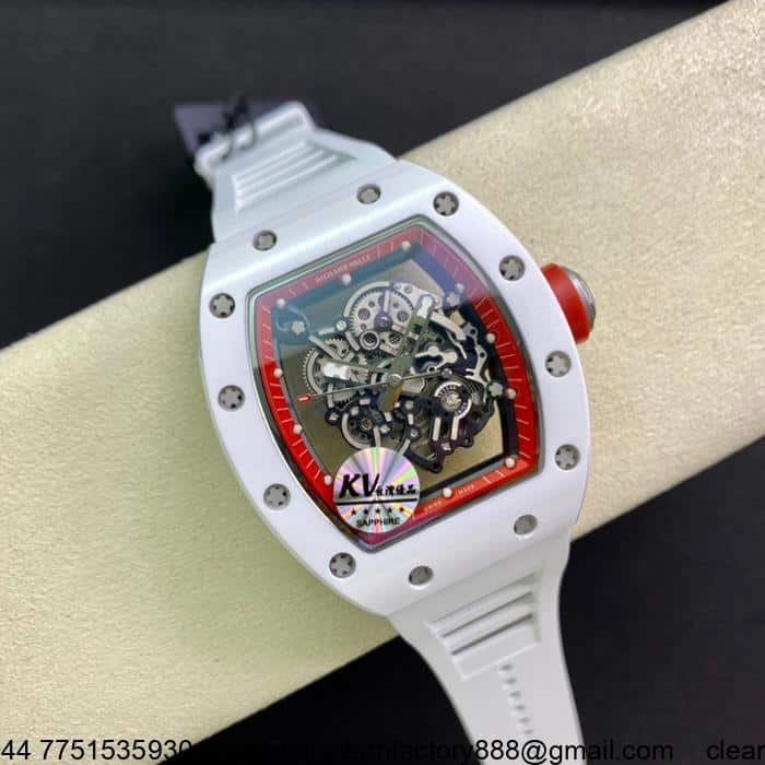 Richard Mille RM-055 replica watch in white ceramic with a rubber strap, featuring Swiss white gem shock absorbers.