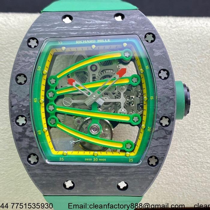 Richard Mille RM 59-01 Tourbillon Green Lizard with distinctive green and yellow bridges, featuring a tonneau-shaped case made from a translucent composite with carbon nanotubes.