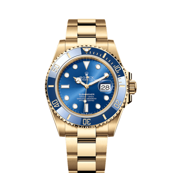 Rolex Submariner Date in 18 kt yellow gold with a royal blue Cerachrom bezel and matching blue dial, 41mm case size.