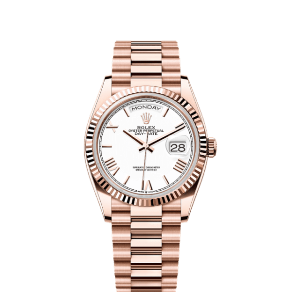 Rolex Day-Date 36 in 18 kt Everose gold with a white dial and President bracelet, 36mm case size.